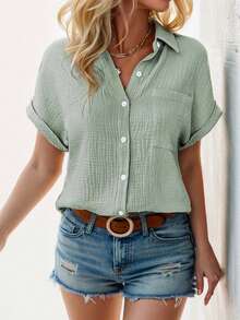 Blusa casual de mujer de manga larga con cuello en V de lino, abotonada, para trabajo con puños enrollables - Verde - Ver 3