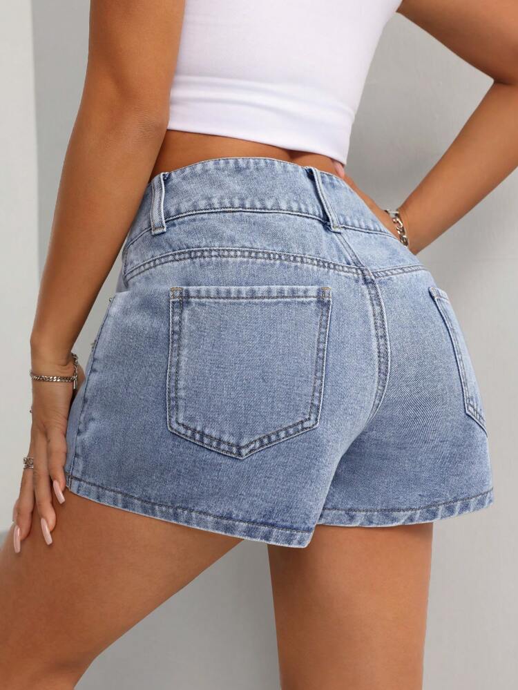 Wide Waistband Denim Casual Skort With Pockets
