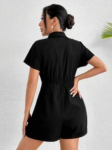 SHEIN PETITE Button Front Batwing Sleeve Romper Without Belt - Black - View 2