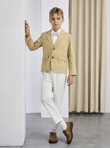 2 Stücke Set mit hübscher Khaki-Anzugjacke und weißer Hose für Tween Jungen, geeignet für Geburtstage, Hochzeitstage, Teenager, Business-Partys, Shows, Frühlings- und Herbst-Herren-Outfit