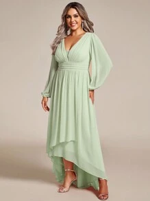 Plus Elegant Chiffon Deep V-Neck Bridesmaid Wedding Guest Dresses With Lantern Sleeves - Mint Green - View 5