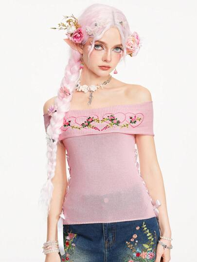 Fairycore Women's Floral Heart Embroidered Off-Shoulder Knitted Top With Bowknot Belt