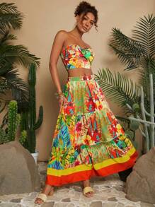 Travachic Holiday Woven Print Bandeau Top & High Waist Skirt Women's 2 Pieces Set