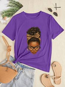 SHEIN Foxxy Women's Slim Fit Casual Figure Print Round Neck Short Sleeve T-Shirt Graphic Print - Purple - View 6
