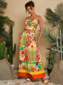 Travachic Holiday Woven Print Bandeau Top & High Waist Skirt Women's 2 Pieces Set
