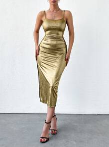 EURMUSE Solid Split Thigh Cami Dress - Gold - View 3