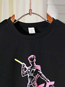 SHEIN Tween Boy In Họa Tiết Cổ Tròn Tay Ngắn Áo Thun Mùa Hè Thường Ngày - màu đen - Xem 5