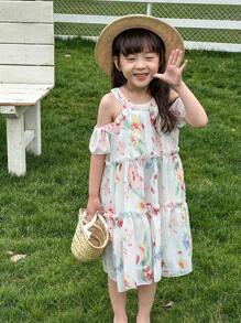 SHEIN Young Girl New Summer Stylish Floral Printed Vacation Dress - White - View 4