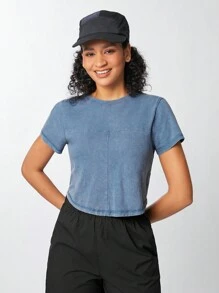 Gameset SHEIN Sport تي شيرت نسائي بأكمام قصيرة ولون سادة للإستخدام اليومي - أزرق غامق - مشاهدة 5