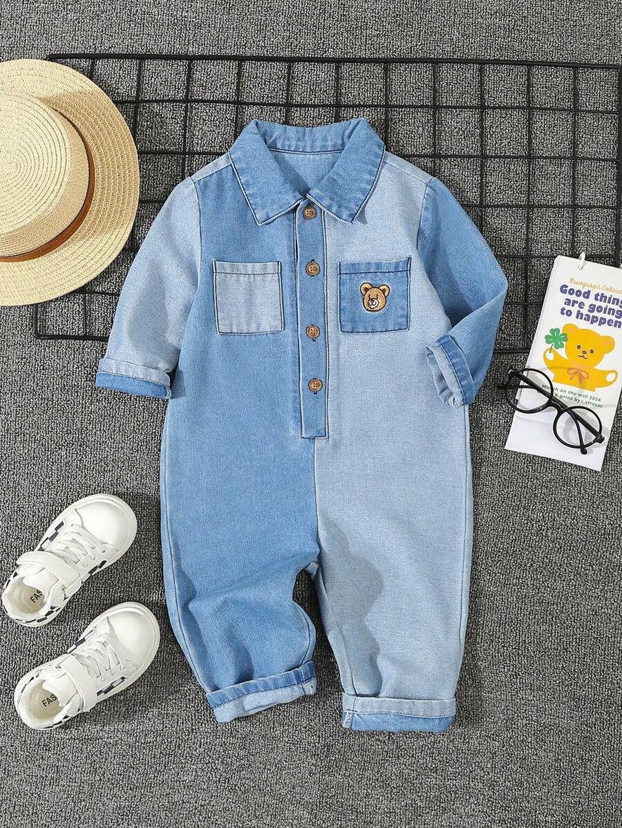 Bộ áo liền quần denim có thể đảo ngược thêu gấu dễ thương cho bé trai, thoải mái và mềm mại cho kỳ nghỉ - Rửa trung bình - Xem 1