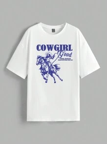 SHEIN EZwear Camiseta de cuello redondo de manga corta blanca con estampado de vaquera azul sobredimensionada, diseño de chica del oeste, corte holgado para mujer, festival de música de verano - Blanco - Ver 3