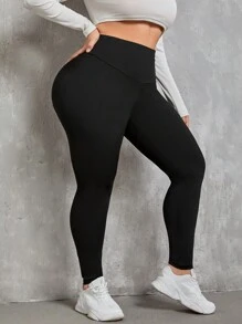 SHEIN Essnce 大碼素色寬腰帶緊身打底褲 - 黑色 - 查看 3