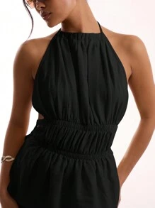 MUSERA Linen Feel High Neck Double Strap Open Back Top