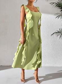 Chiquease 女士夏季純色綁帶娃娃領普通吊帶連身裙 - 綠色 - 查看 3