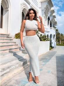 SHEIN SXY Conjunto de top sem mangas e saia na moda para mulheres, roupa de praia de verão sexy e descolada para férias, roupas para orgulho feminino, western wear, roupa de aniversário feminina, despedida de solteira, roupas para shows e clubes. - Branco - Visão 4