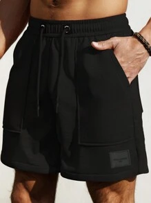 Manfinity Homme Men's Simple Solid Color Wide Pocket Loose Short Going Out Plain Letter Patched Sweat Shorts, For Husband, Boyfriend Gifts