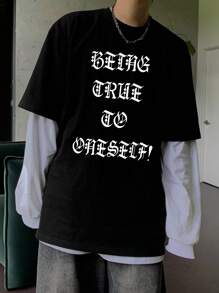 DAZY 男士夏季休閒合身字母印花圓領休閒T恤 - 黑色 - 查看 3