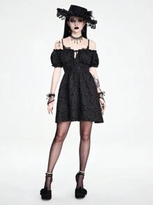 ROMWE Goth 哥德風格露肩蕾絲拼接紋理面料女式泡泡袖連衣裙 - 黑色 - 查看 5