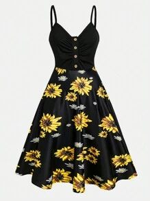 SHEIN Clasi 女士向日葵印花吊带半纽扣前中长连衣裙长款女装 - 黑色 - 查看 1