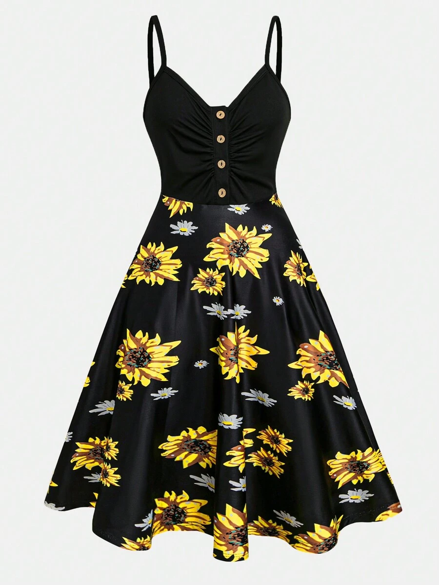 SHEIN Clasi 女士向日葵印花吊带半纽扣前中长连衣裙长款女装 - 黑色 - 查看 1