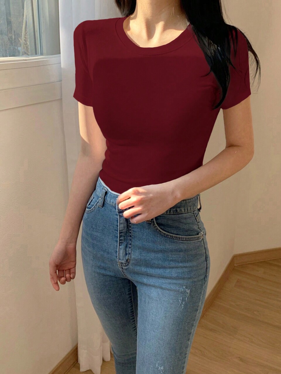 Women's Slim Fit Short Sleeve Solid Color Round Neck T-Shirt, Summer