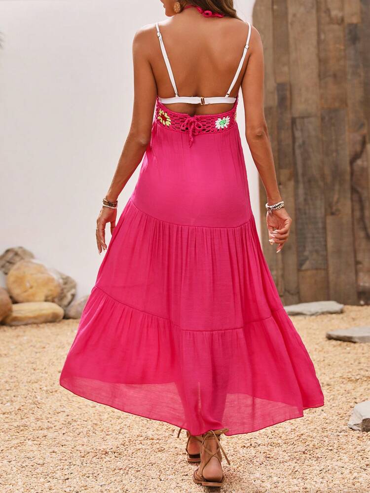 Ladies' Floral Knit Beachwear Halter Neck Backless Dress (Random Crochet Flower Color)