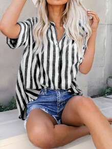 SHEIN LUNE Camisa de mujer de manga corta con rayas y estampado en bloques de color - Negro - Ver 2