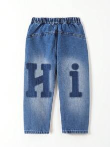 Young Boy Washed Letter Graphic Street Style Wide-Leg Jeans - Medium Wash - View 1