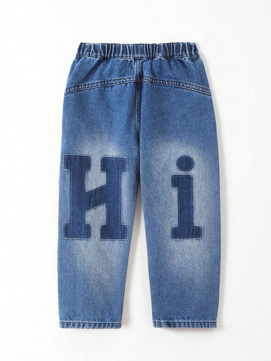 Young Boy Washed Letter Graphic Street Style Wide-Leg Jeans - Medium Wash - View 1