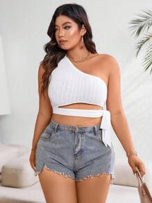 Celure Camisa de talla grande de unicolor con escote asimétrico y sin mangas, con detalle ahuecado para verano