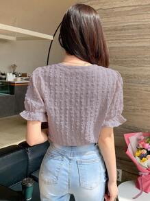 DAZY Solid Color Puff Sleeve Integrated Short Sleeve Women's T-Shirt Summer,Ruffle - Purple - View 6