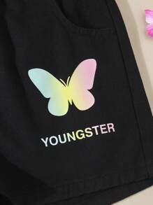 SHEIN Teen Girls' Butterfly Printed Paper Bag Waist Summer Casual Denim Shorts