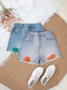 Tween Girl Fashionable Casual Distressed Denim Shorts Set - Medium Wash - View 1