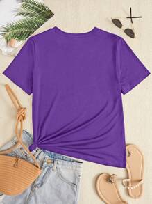 SHEIN Foxxy Women's Slim Fit Casual Figure Print Round Neck Short Sleeve T-Shirt Graphic Print - Purple - View 2