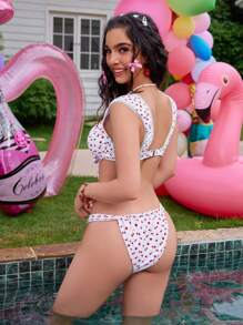 SHEIN Swim Women's Holiday Cherry Printed Front Knot Sexy Bikini Set(Random Pattern), With Underwire And Non-PUSH UP Design Bra & Bikini Bottom, For Summer Beach - Multicolor - View 3
