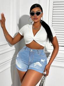 SHEIN SXY Plus Size High Waist Stretchy Denim Shorts With Ripped Edges, Sexy - Light Wash - View 3