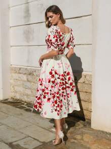 GENKIRA Floral Print Puff Sleeve Dress - Red - View 1