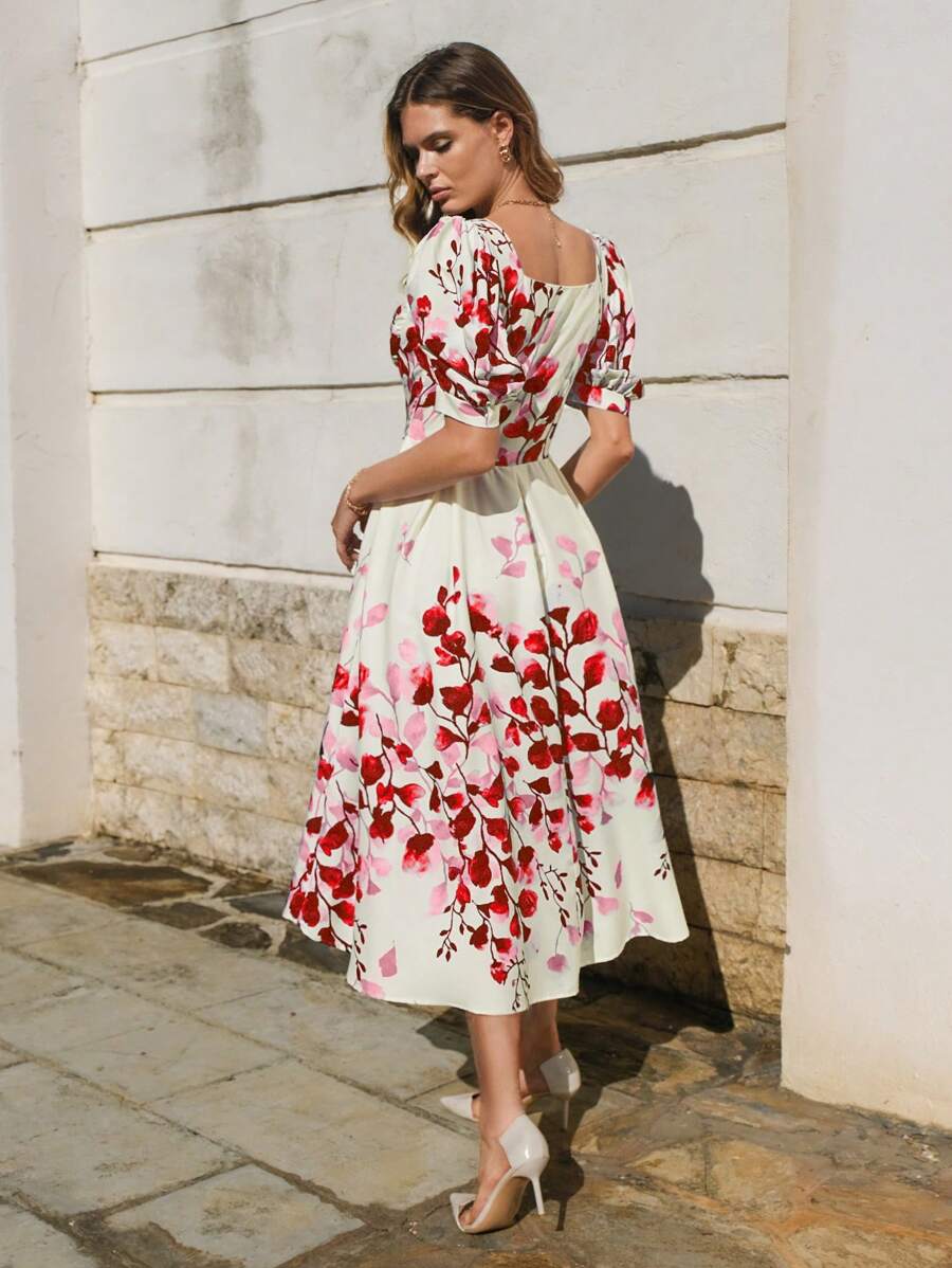 GENKIRA Floral Print Puff Sleeve Dress - Red - View 1