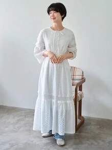 FRIFUL 女士纯色圆领喇叭袖休闲中长连衣裙、荷叶边、秋季连衣裙长袖连衣裙 - 白色 - 查看 2