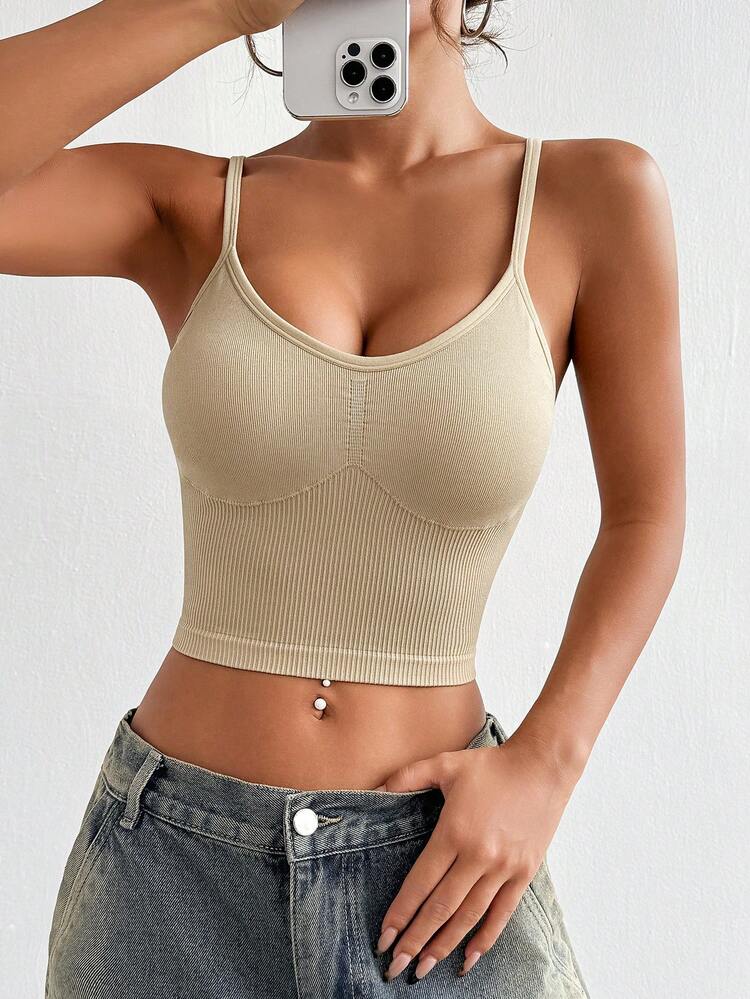 Women's Solid Color Ribbed Short Crop Camisole Top, Slim Fit Sports Top For Summer