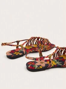 Multi-Color Faux Suede Hand-Woven Twist Flat Sandals For Women With Random Weave And Knotting Patterns. Random Multicolor Materials With Floral And Plant Color Patterns.