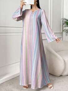 Yasmyna Women's Striped Notch V-Neck Long Sleeve Arabian Dress, Modest - Multicolor - View 4