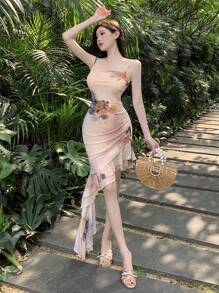DAZY Vestido de verano de ajuste ceñido con estampado floral, bajo asimétrico, volantes y diseño espalda descubierta, vestido de cóctel de cumpleaños