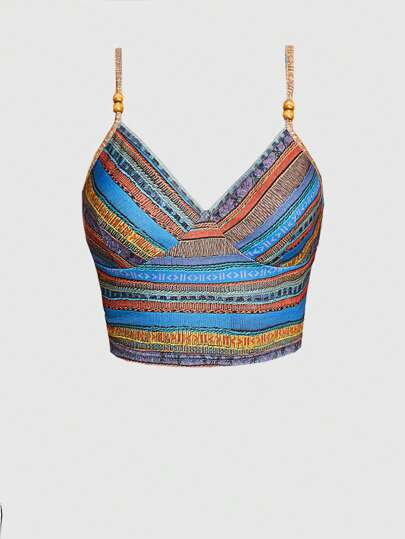 Women's Striped Hippie Wooden Bead Tight Crop Top Top