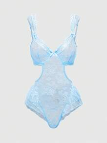 ROMWE Goth 浪漫蕾丝蝴蝶结装饰镂空性感紧身衣内衣 - 藍色 - 查看 2