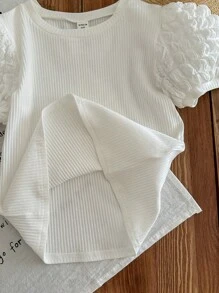 Tween Girl 3pcs Knit Textured Puff Sleeve Tee With Round Neckline, Casual - Multicolor - View 6