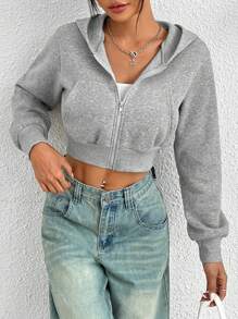 SHEIN PETITE Y2k 秋冬拉链短款连帽衫 - 灰色 - 查看 7