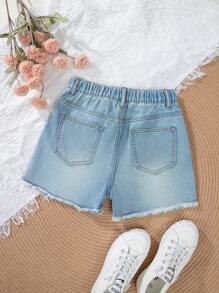 Tween Girl Fashionable Casual Distressed Denim Shorts Set - Medium Wash - View 2