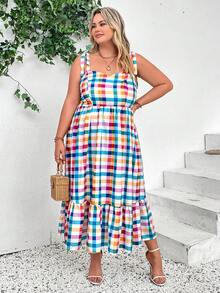 SHEIN CURVE+ Vestido a cuadros de tirantes con talla grande para vacaciones informales - Multicolor - Ver 5