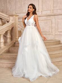 SHEIN Belle Elegant, Gorgeous And Sexy White Beaded Lace Oversized A-Hem With Long Train Suitable For Wedding Events Bachelor Party Holiday Prom Bride Wedding Dress - Beige - View 6